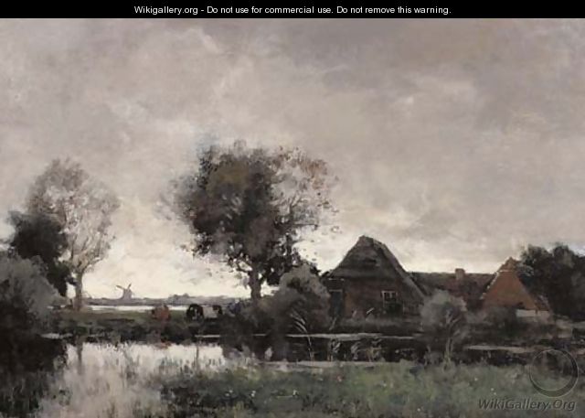 A polder landscape with a farm at dusk - Theophile Emile Achille De Bock