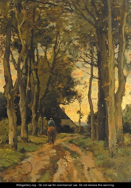A horserider on a tree-lined lane - Theophile Emile Achille De Bock