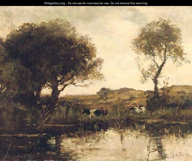 Cattle by a lake - Theophile Emile Achille De Bock