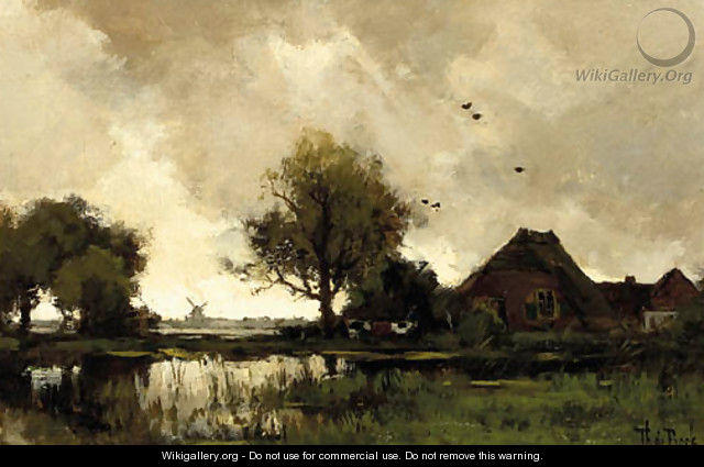 A stormy day a farm in a polder landscape - Theophile Emile Achille De Bock