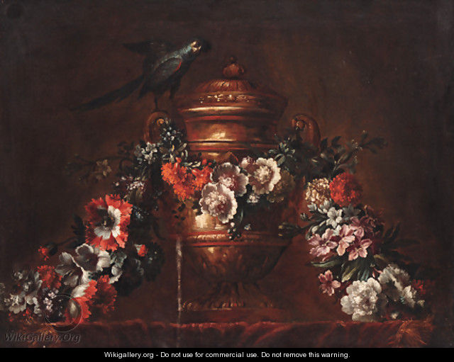A bronze vase with a string of flowers and a parrot - (after) Pieter II Casteels