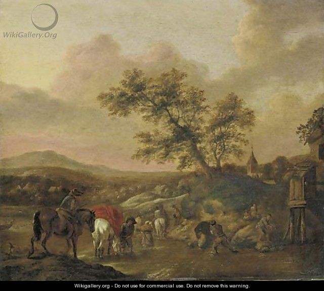 An extensive landscape with travelers on horseback crossing a river - (after) Phillips Wouwermans