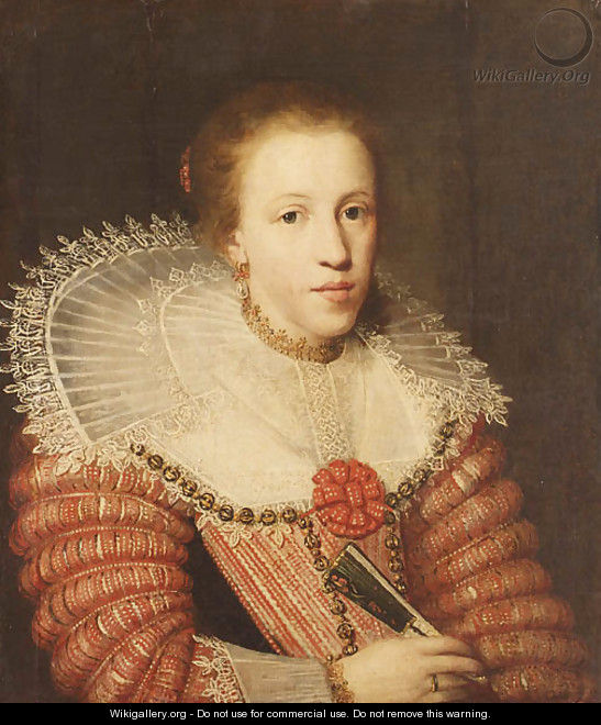 Portrait of a Lady, half length, wearing a red dress, a lace ruff and holding a fan - (after) Paulus Moreelse