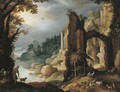 A classical river landscape with herdsmen and goats resting amongst ruins - (after) Paul Bril