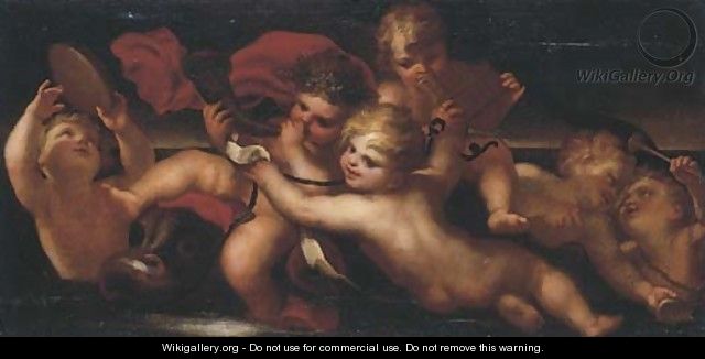 An allegory of Music, with putti playing music an overdoor - (after) Domenico Piola