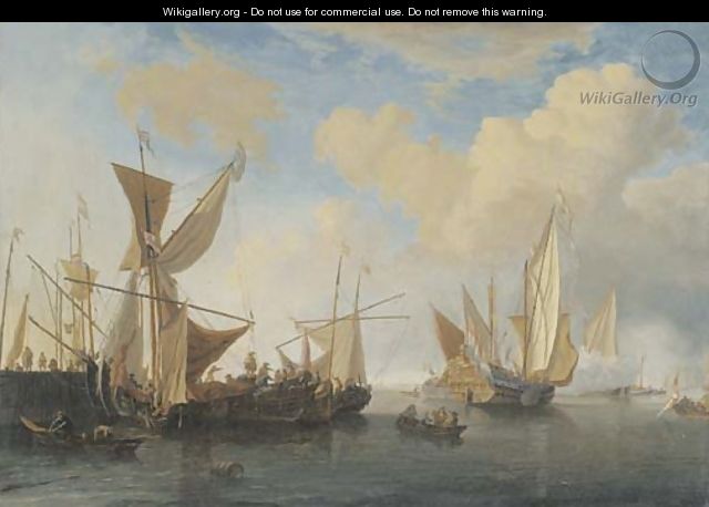 A wijdschip and a smalschip lying at a pierhead, a States Yacht leaving - (after) Willem Van De, The Younger Velde