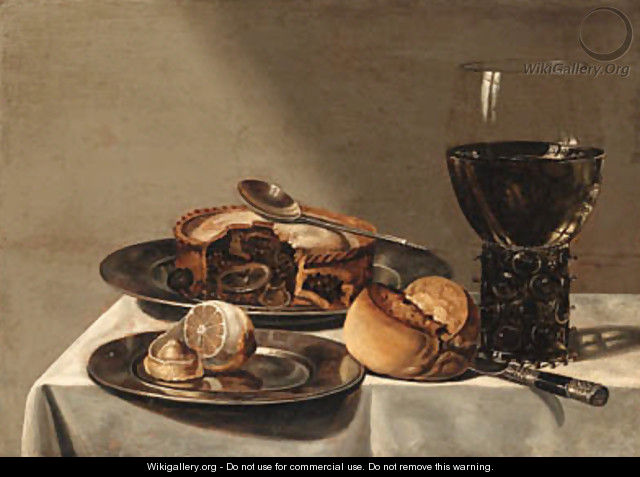 A roemer, a pie with a spoon and a peeled lemon on pewter plates - (after) Willem Claesz. Heda