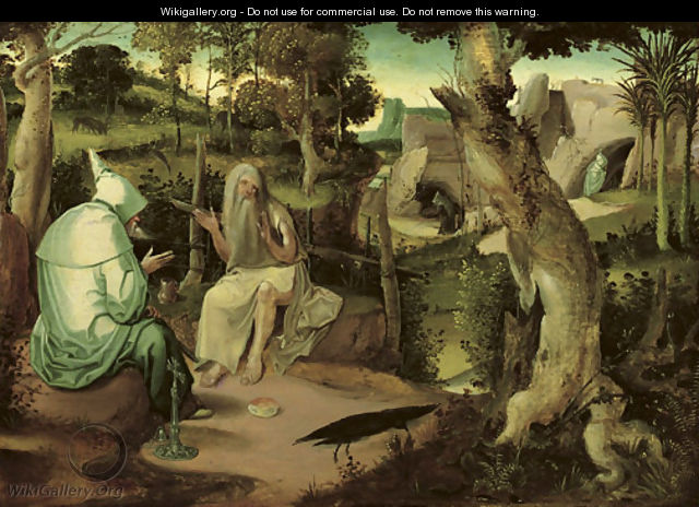 Saint Anthony the Great with Saint Paul the Hermit, in a wooded landscape - (after) Jan Wellens De Cock