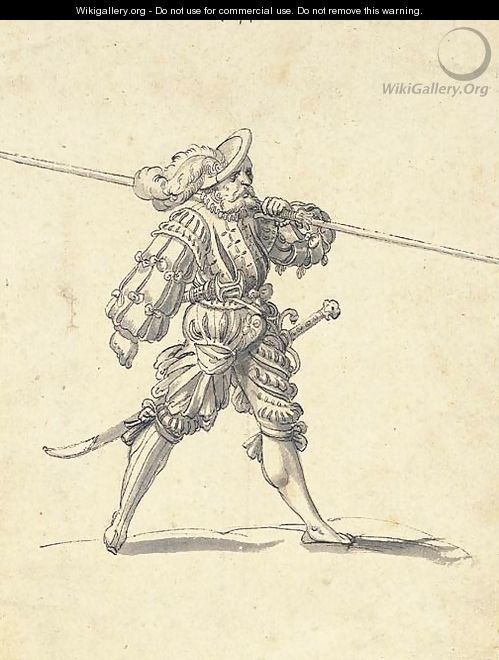 A Landsknecht carrying a pike and armed with a broadsword - Swiss School