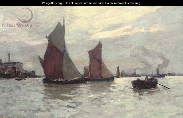 Barges on the Thames at dusk - Terrick John Williams