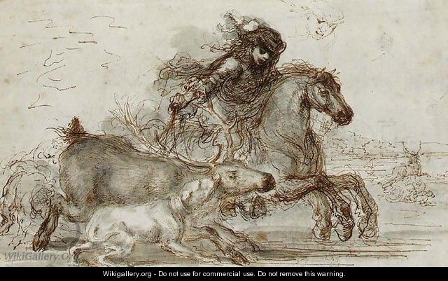 A huntsman and two hounds overtaking a stag - Stefano della Bella
