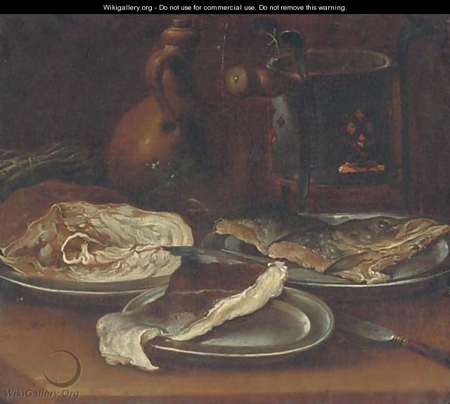 A warming plate, a jug, asparagus and three pewter plates with pieces of fish on a table - Spanish School