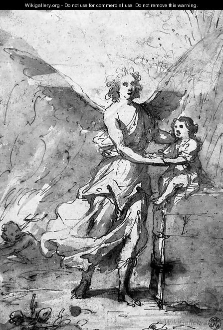 A guardian angel protecting a small boy, a devil in the background - Spanish School