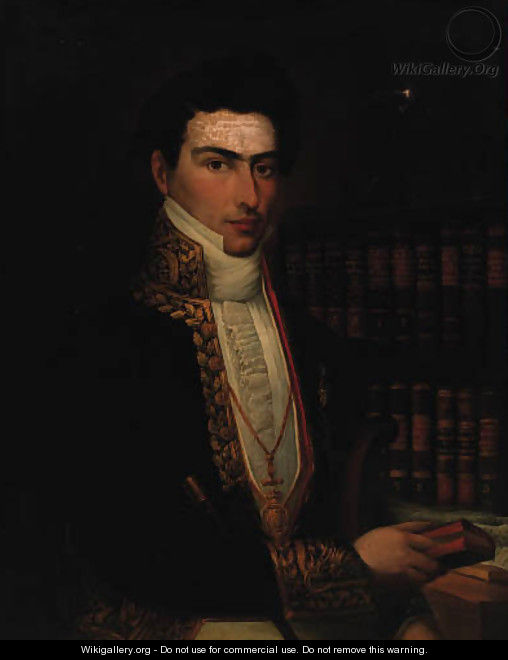 Portrait of a gentleman, seated half-length, in a tunic, holding a book in his left hand, a bookcase beyond - Spanish School