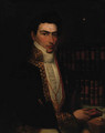 Portrait of a gentleman, seated half-length, in a tunic, holding a book in his left hand, a bookcase beyond - Spanish School