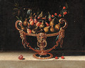 Figs, cherries and pears in an ornamental bowl - Spanish School