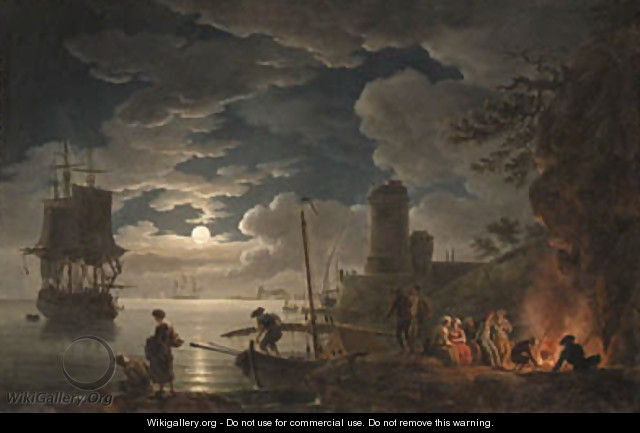 A moonlit harbor scene with a fisherman and figures seated around a fire, shipping beyond - (after) Claude-Joseph Vernet