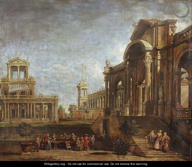 An architectural capriccio with elegant figures promenading and playing music - (after) Antonio Visentini
