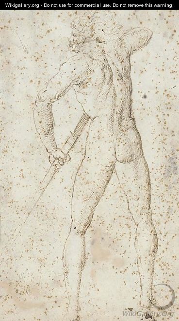 A nude seen from behind unsheathing a sword - (after) Antonio Del Pollaiuolo