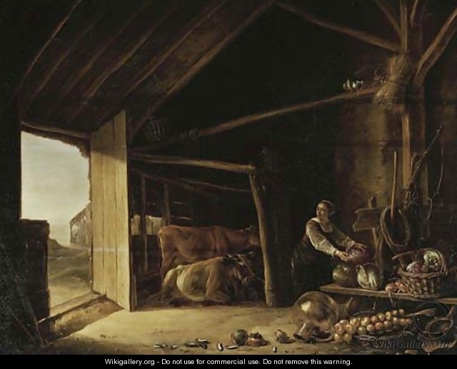 A barn interior with cattle and a maid fetching vegetables - (after) Aelbert Cuyp