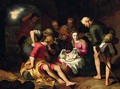 The Adoration of the Shepherds with the Annunciation to the Shepherds beyond - (after) Abraham Bloemaert