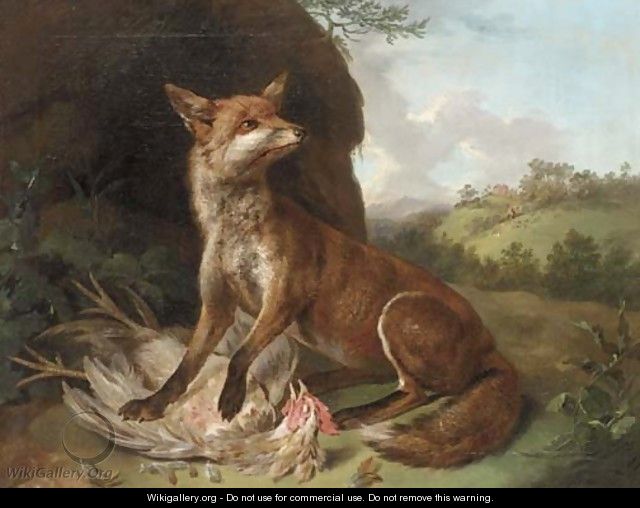 A fox with a dead cockerel in a landscape - Camille Pissarro