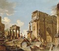 A capriccio of classical ruins with the Arch of Constantine and figures conversing - (after) Giovanni Paolo Panini