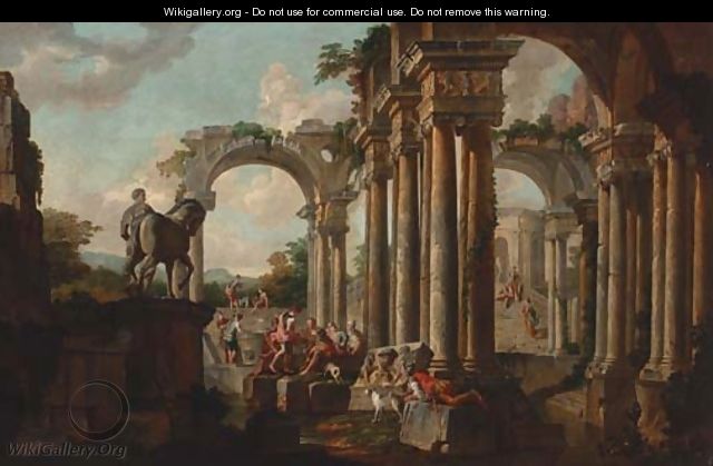 A capriccio of classical ruins with soldiers at a pool - (after) Giovanni Paolo Panini