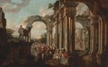 A capriccio of classical ruins with soldiers at a pool - (after) Giovanni Paolo Panini