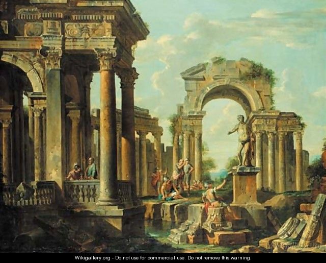 A capriccio of classical ruins with soldiers and other figures conversing - (after) Giovanni Paolo Panini
