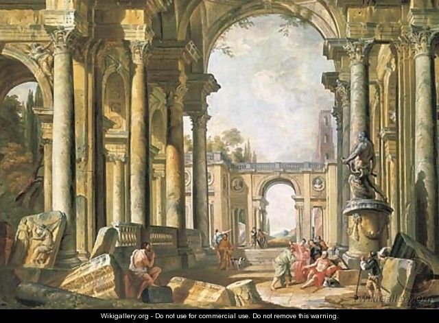 A capriccio of classical ruins with Belisarius begging at the entrance to Constantinople - (after) Giovanni Paolo Panini