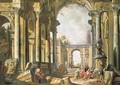 A capriccio of classical ruins with Belisarius begging at the entrance to Constantinople - (after) Giovanni Paolo Panini