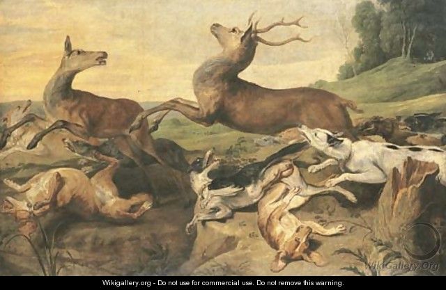 Dogs hunting deer in a landscape - (after) Frans Snyders