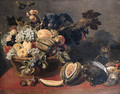 A parrot perched on a basket of fruit - (after) Frans Snyders