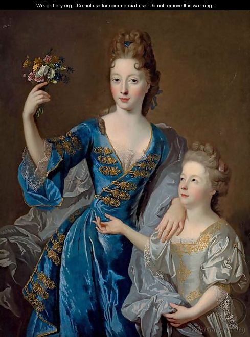 Portrait of a lady, her daughter at her side - (after) Jean Francois De Troy