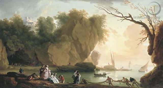 A coastal landscape with elegant figures and fishermen, a fortress and shipping beyond - (after) Claude-Joseph Vernet