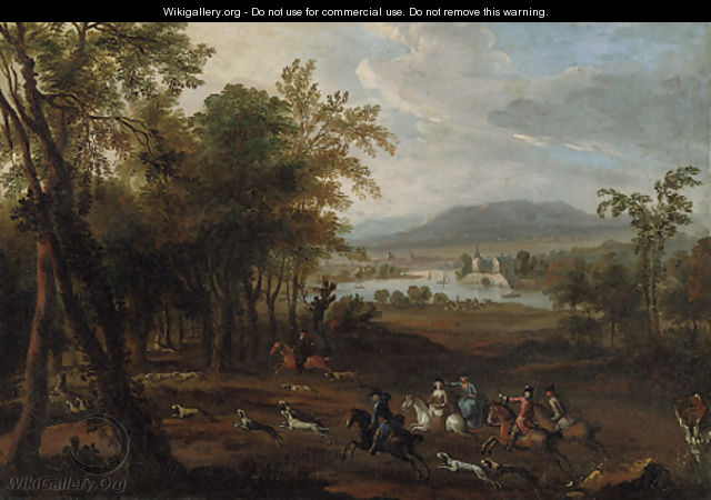 A stag hunt in a wooded landscape, with a mansion beside a river beyond - (after) Jan Wyck