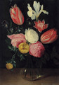 Roses, tulips, an iris, pansies and an anemone in a glass vase - (attr. to) Kessel, Jan van