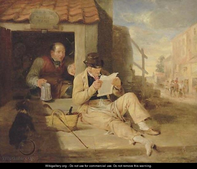 The cobblers Portrait of a man, small full-length, reclining reading a newspaper by a cobblers - Sir William Allan