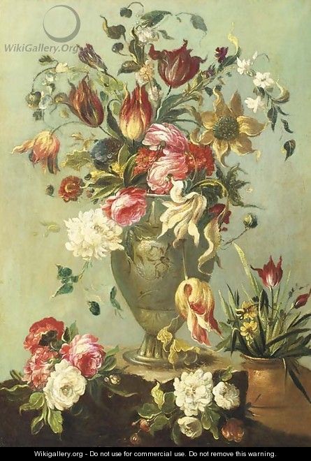 Flowers in a vase on a stone ledge - Spanish School