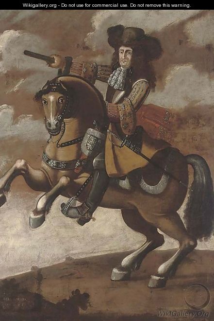 Portrait of a gentleman, full-length, on horseback, holding a baton in his right hand - Spanish School