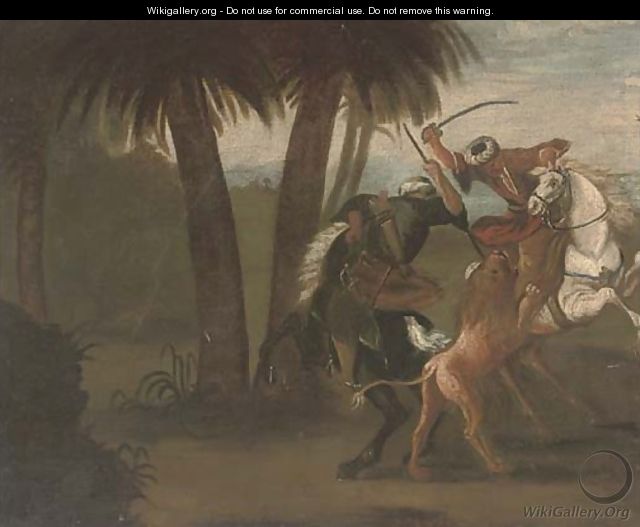 Ottomans on horseback hunting a lion - Spanish School