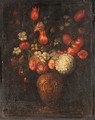 Tulips, roses and other flowers in an ornamental vase - Spanish School