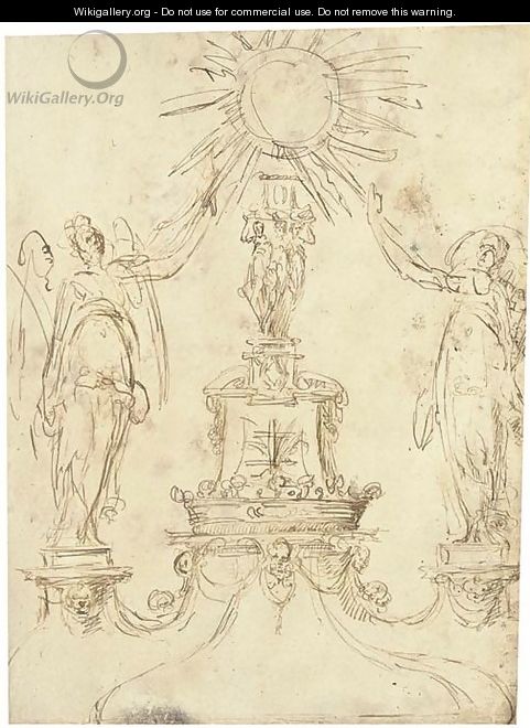 Design for a monstrance with two angels flanking a central column bearing a coronet and a Cross of Lorraine - Spanish School