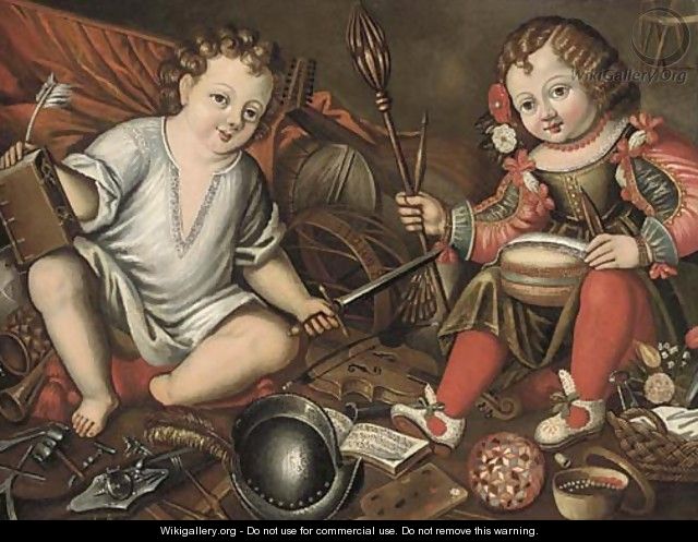 An Allegory of Male and Female, two children seated in an interior with masculine and feminine symbols - Spanish School