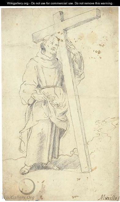 A monk supporting a cross carrying flowers in the fold of his cassock - Spanish School