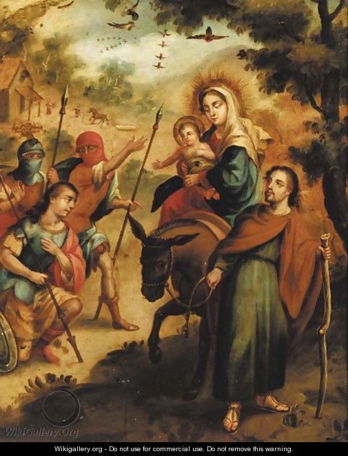 The Flight into Egypt with Roman legionnaires adoring the Christ Child - Spanish Colonial School