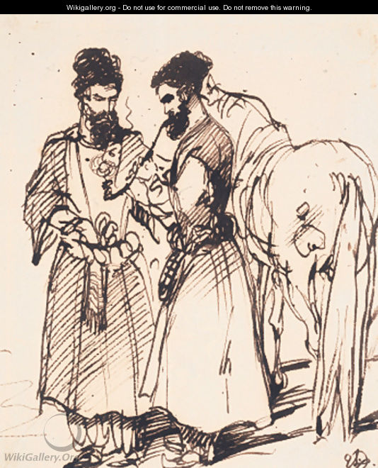 Turkish figures smoking a hookah pipe standing beside a horse - Sir Edwin Henry Landseer