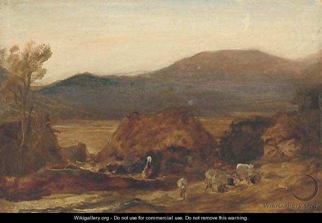 A mountainous landscape, with a figure by a cottage and sheep in the foreground - Sir Edwin Henry Landseer