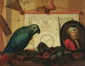 A trompe-l'oeil still life with a parrot on a book, figs, a portrait miniature of a turbaned man, a navigational chart, a comb and a magnifying glass - Sebastiano Lazzari
